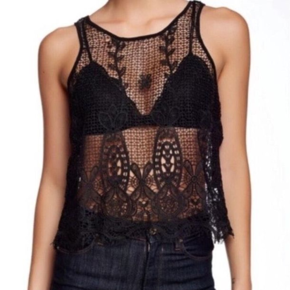 NWT House of Harlow 1960 Black Lace Crochet Slit Back Tank Top Boho Sz XS - Picture 1 of 9